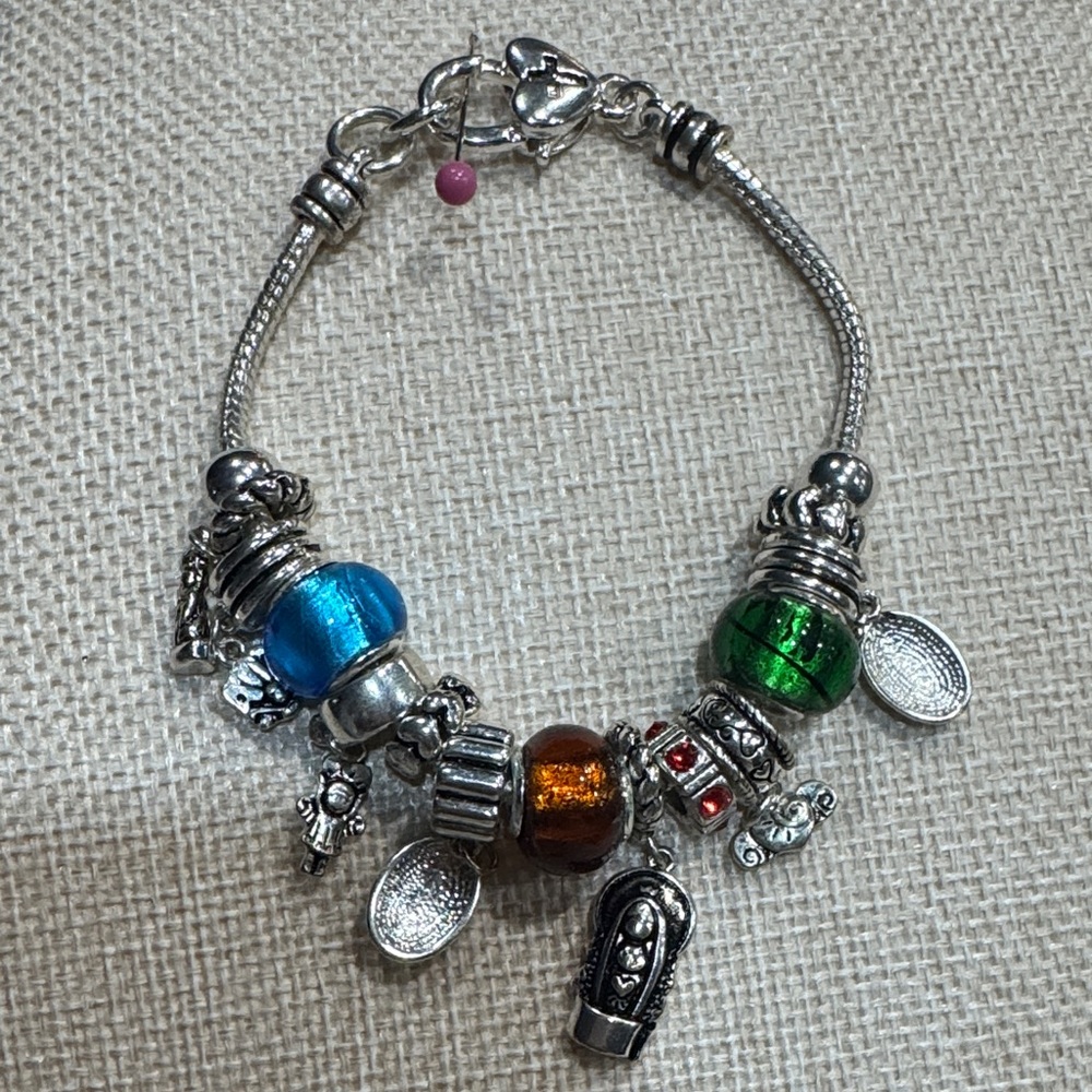 Silver Charm Bracelet with Blue, Green, and Brown Beads